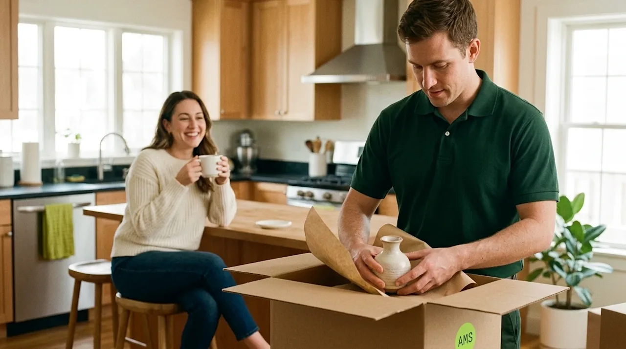 Candid lifestyle photography of a stress-free full-service moving day. In the foreground, a professional mover wearing a clea