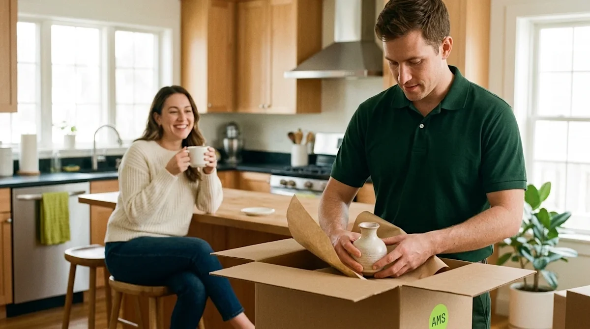 Candid lifestyle photography of a stress-free full-service moving day. In the foreground, a professional mover wearing a clea