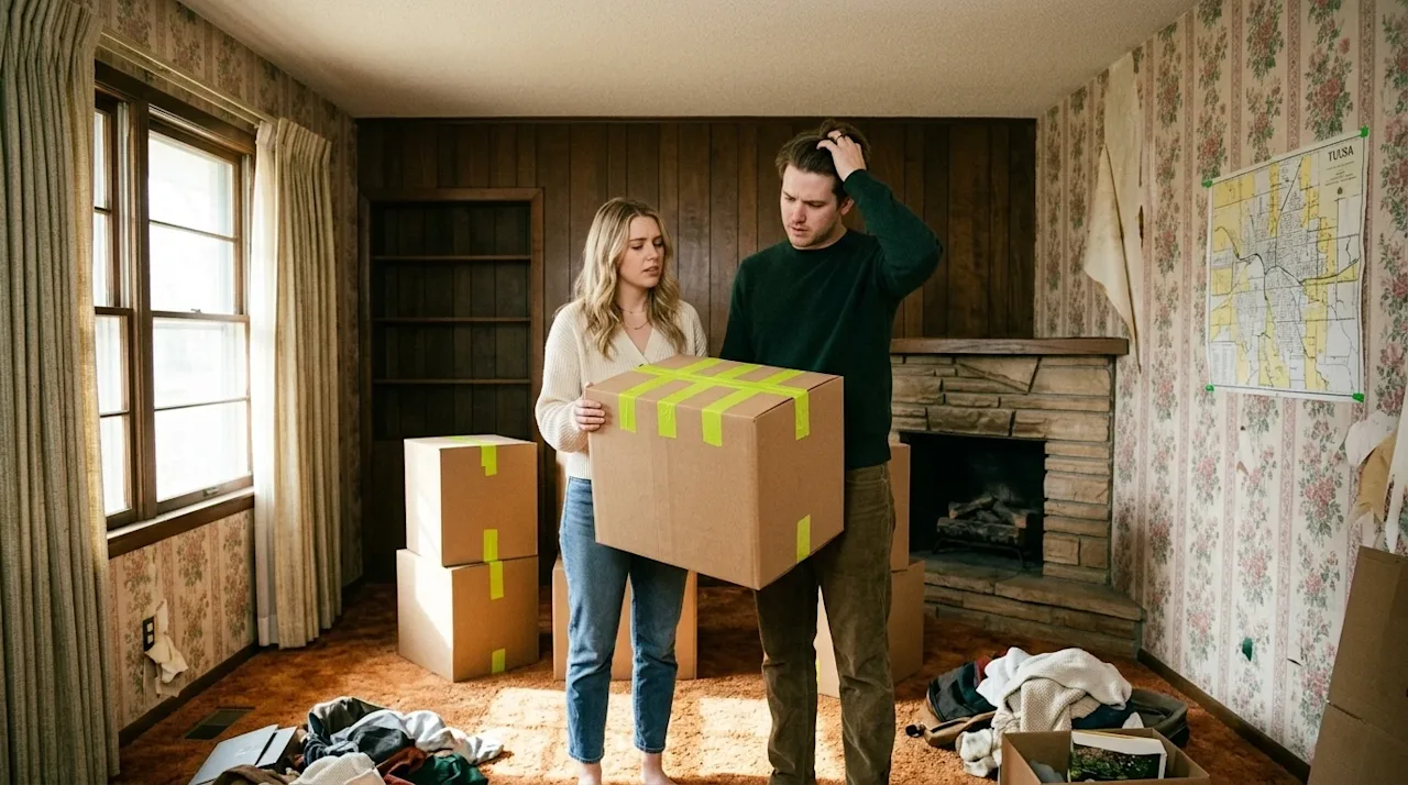 Candid lifestyle photography shot on 35mm film, capturing a frustrating home design moment upon moving into a new Tulsa home.