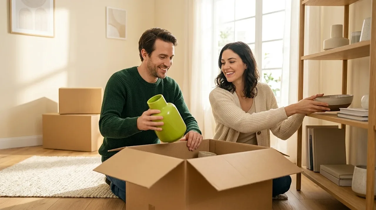 Clear, professional marketing photography of a happy, relaxed couple effectively unpacking in a bright, sunlit modern living