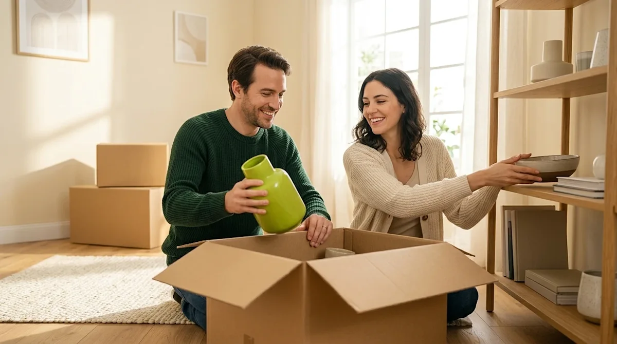 Clear, professional marketing photography of a happy, relaxed couple effectively unpacking in a bright, sunlit modern living