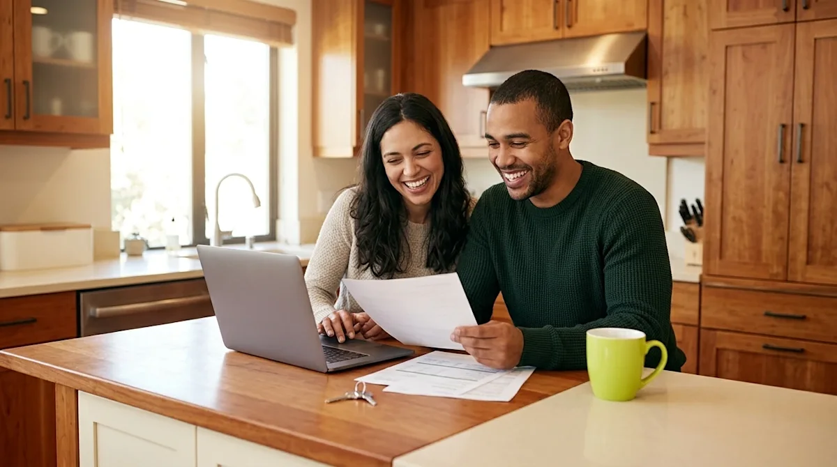 Professional marketing photography of a joyful couple sitting at a warm wooden kitchen island in a bright, modern home, happi