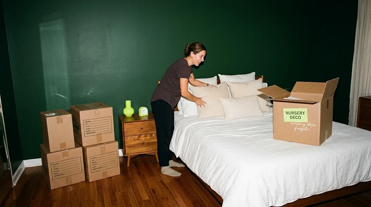 Candid lifestyle photography of a cozy bedroom undergoing a makeover, capturing an authentic, nostalgic memory. A person is h