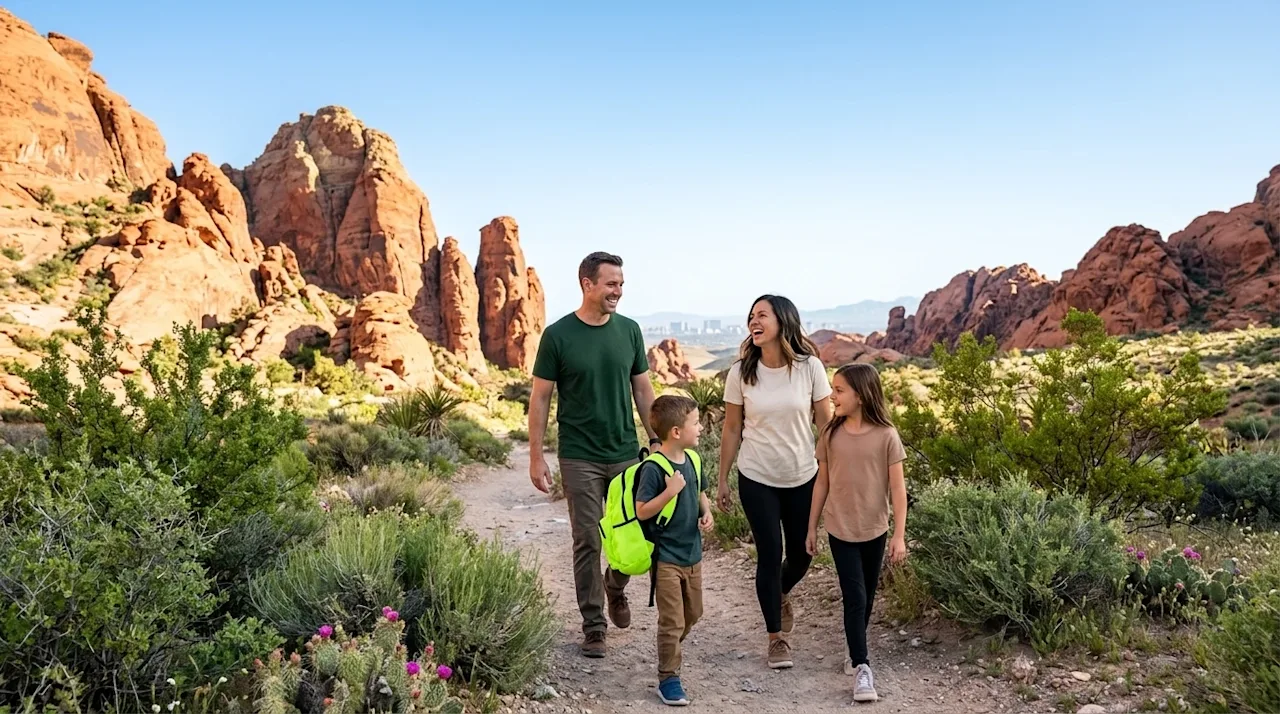 Professional lifestyle marketing photography of a happy family hiking along a scenic desert trail in Red Rock Canyon just out