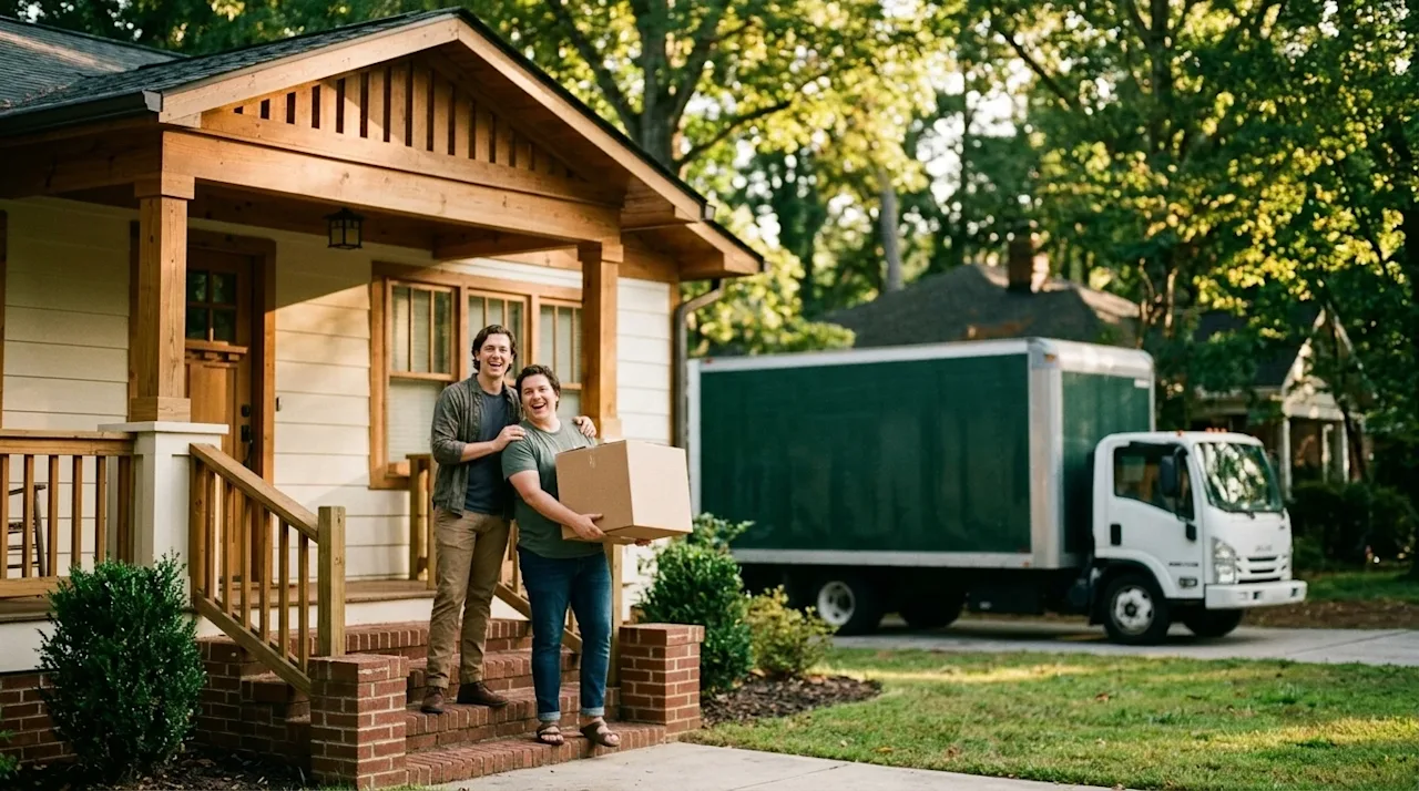 Candid lifestyle photography, shot on 35mm film, of a cheerful couple standing on the front steps of a charming, leafy Atlant