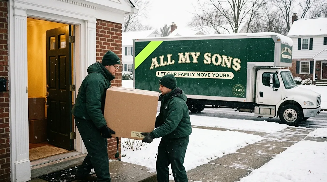 Candid, documentary-style photography of a winter moving day. Two professional movers wearing thick dark forest green winter
