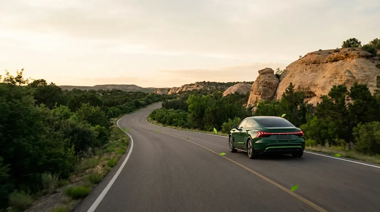 A modern green SUV drives on a winding scenic road through lush forests and rocky hills during a long-distance road trip.