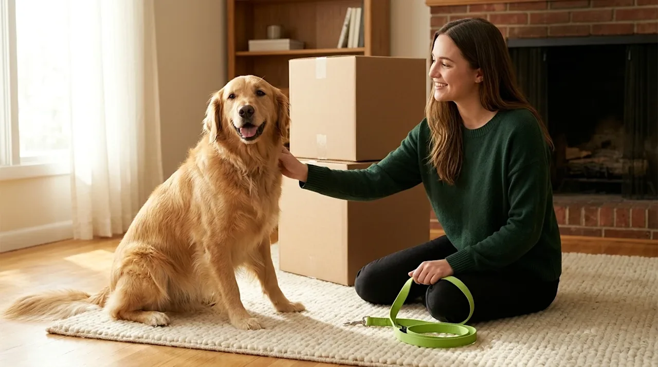 Clear, professional marketing photography of a cozy, warm-toned living room. A happy, relaxed Golden Retriever sits comfortab