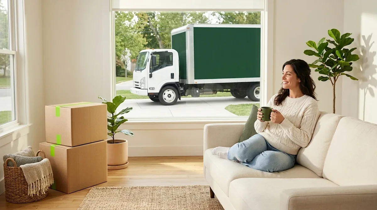 Professional marketing photography of a smiling, relaxed woman sitting comfortably on a modern cream-colored sofa in a bright room with a moving truck outside.