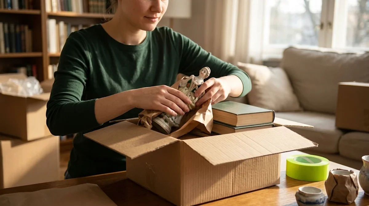High-quality lifestyle photography of a stress-free moving preparation scene, focusing on the first steps of packing. In a co