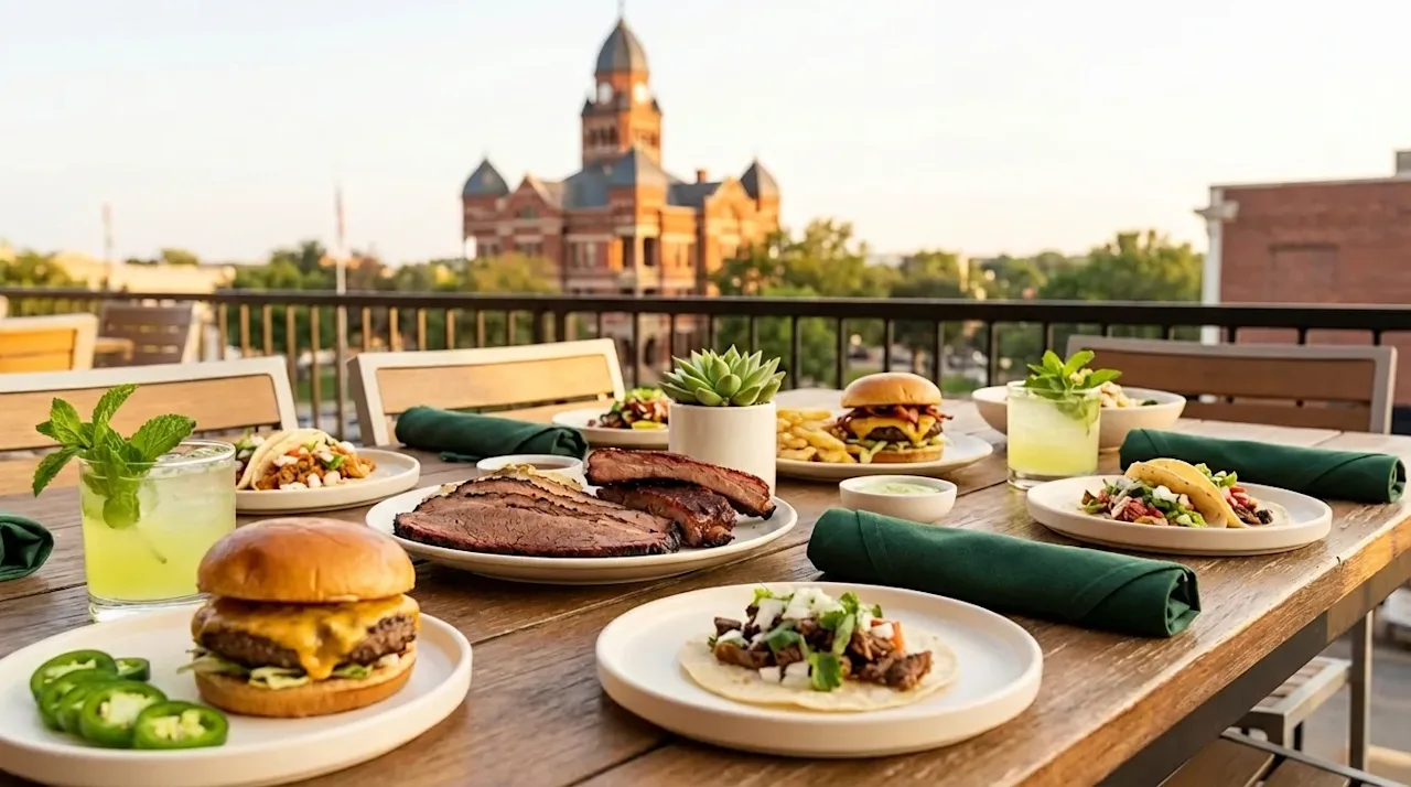 Outdoor patio dining in Denton, Texas with BBQ, burgers, and tacos featuring a historic courthouse background.