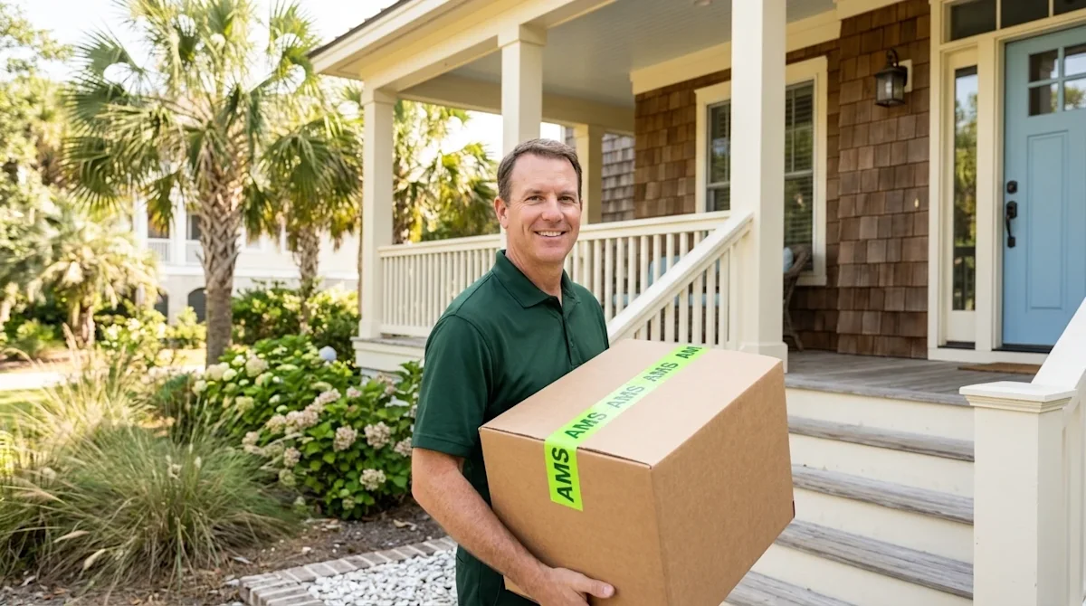 Clear, professional marketing photography. A smiling, professional mover carefully carrying a clean cardboard moving box up t