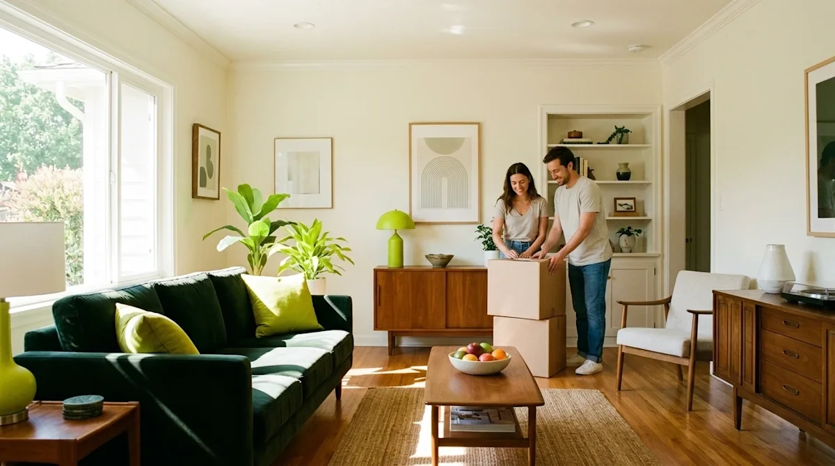 Candid film photography of a bright, beautifully staged living room in a welcoming home during a sunny summer day, perfectly