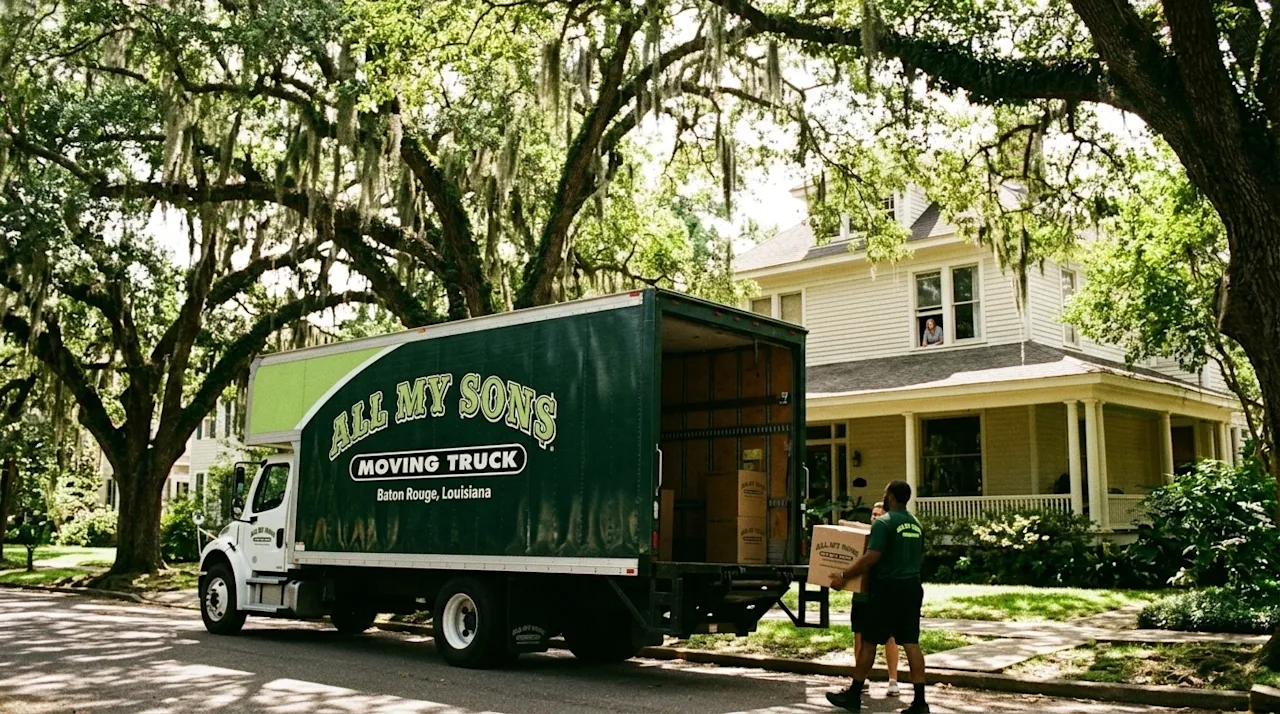 Documentary-style lifestyle photography of a warm, sun-dappled residential street in Baton Rouge, Louisiana. The scene is def