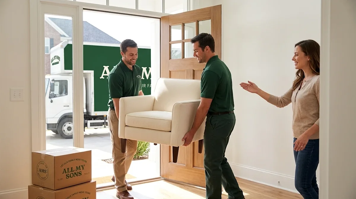 Clear, professional marketing photography of a smooth and stress-free relocation process. Two friendly, professional movers w