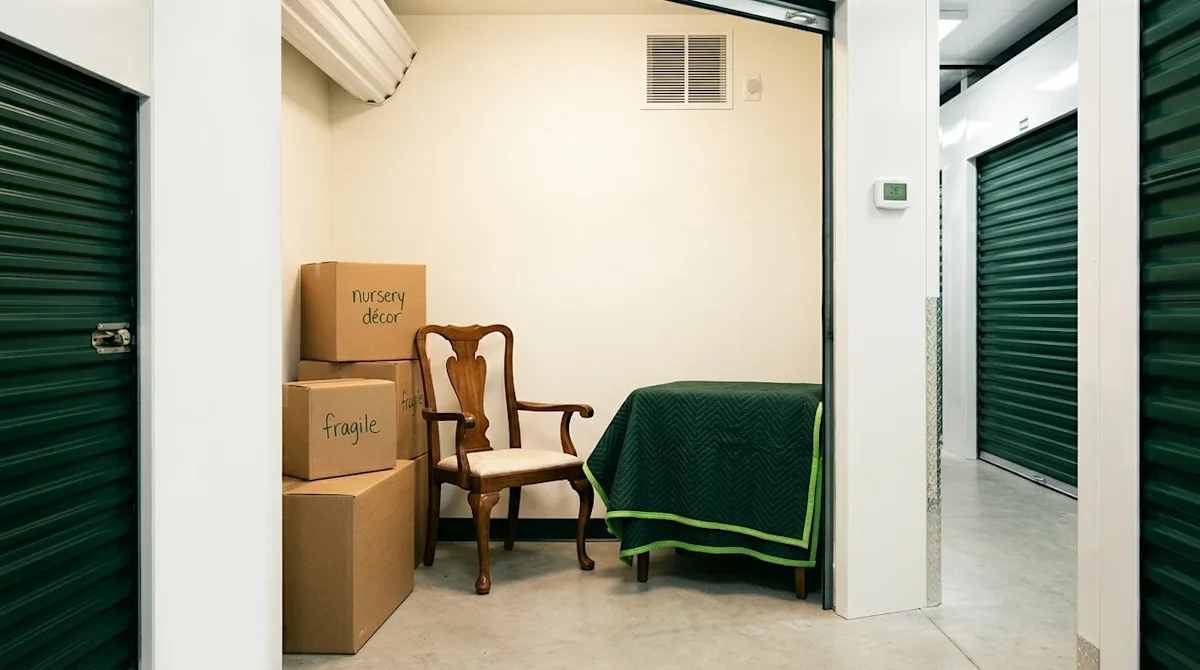 Professional marketing photography of a pristine, brightly lit indoor climate-controlled storage facility. Inside a clean, of