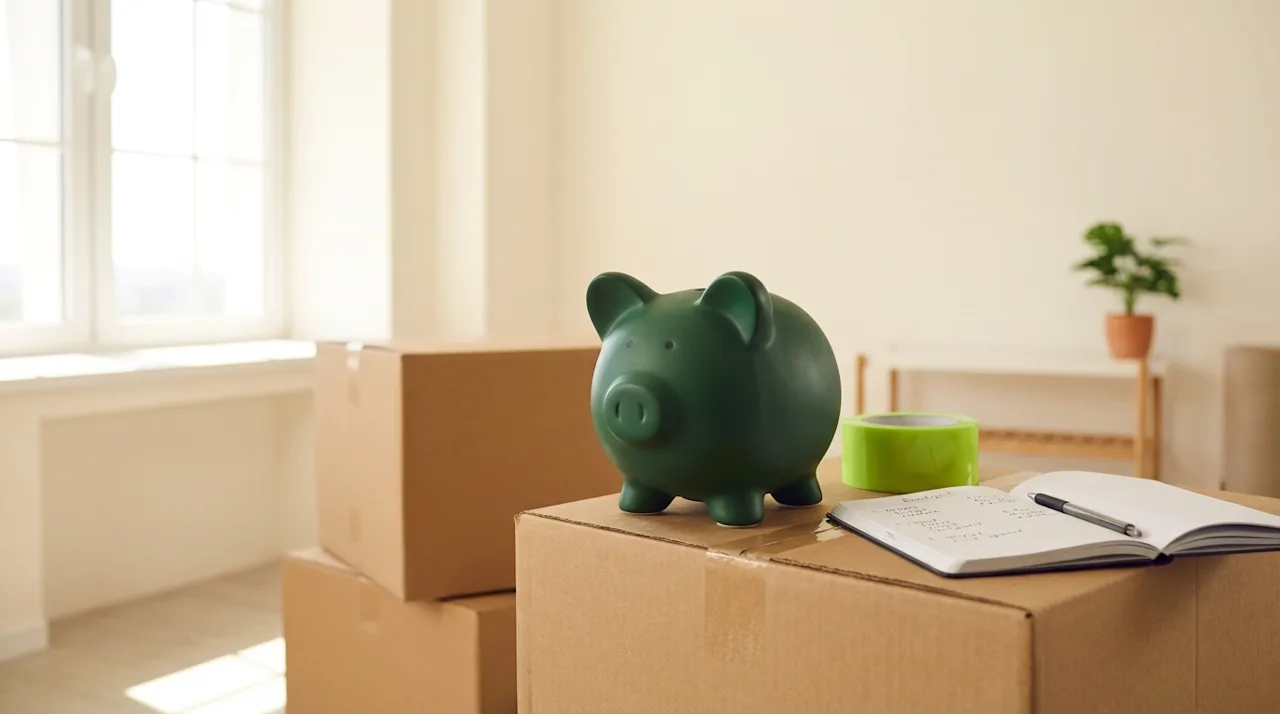 A green piggy bank on cardboard moving boxes with a notebook to illustrate minimizing costs during a move.