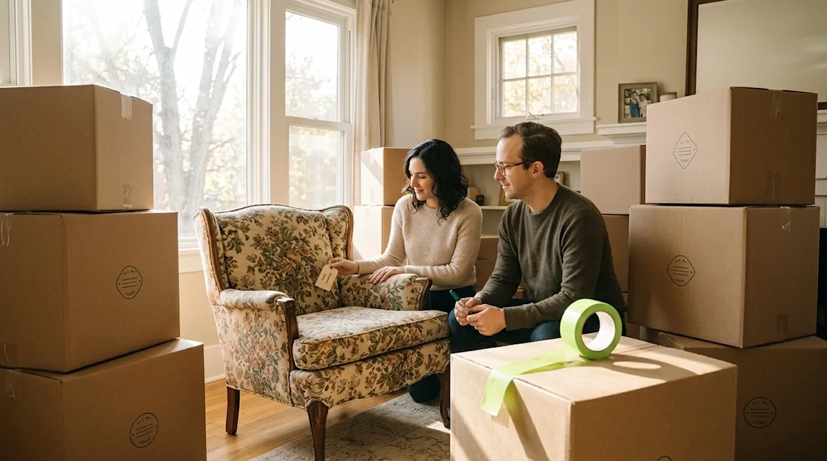 A candid, high-quality lifestyle photograph of a couple in a bright, sunlit living room preparing for a move. They are gently