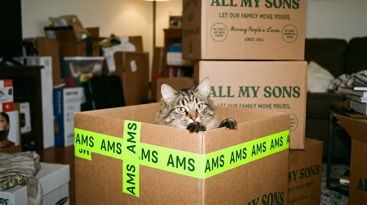 Candid 35mm film photography of a curious fluffy cat sitting comfortably inside a brown cardboard moving box in a warm, parti