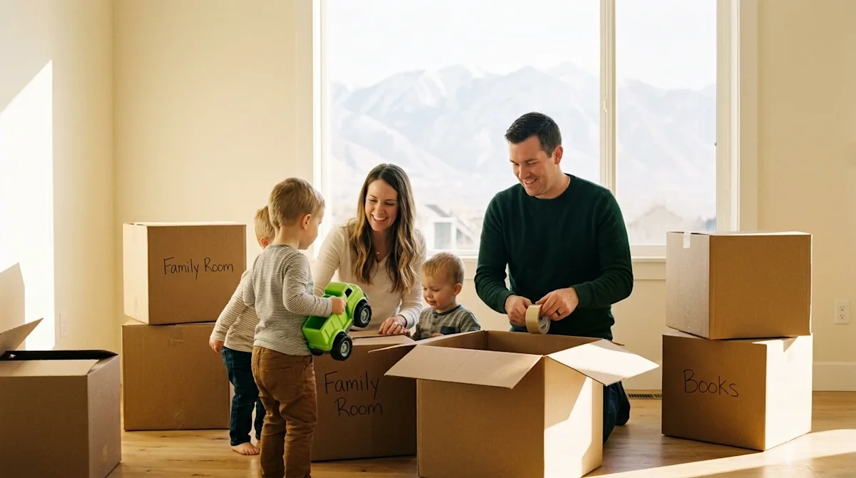 A candid, warm lifestyle photograph of a family with two young children happily packing cardboard moving boxes in a brightly