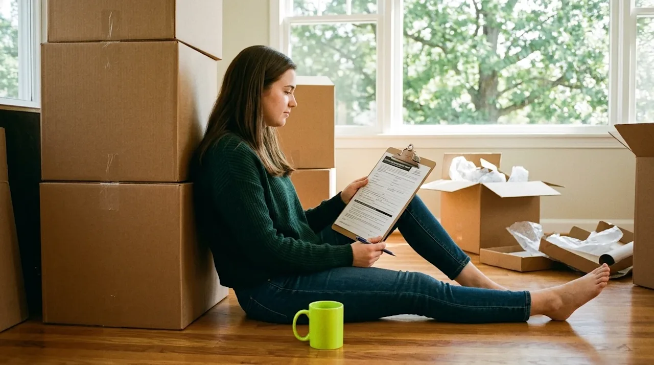 A candid, documentary-style lifestyle photograph of a person taking a break from unpacking in their new South Charlotte home