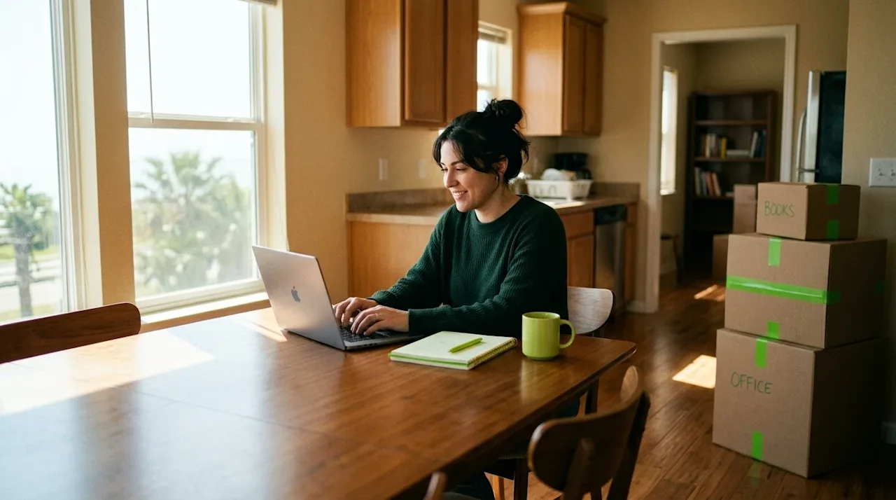 Candid lifestyle photography of a cozy sunlit home office setup in a Corpus Christi home suggesting a recent move. A person i