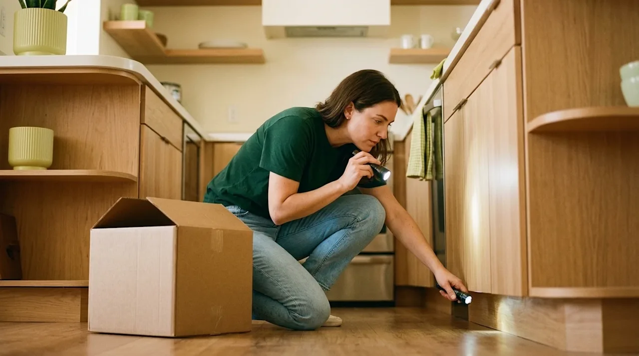 Candid lifestyle photography of a homeowner holding a small flashlight, carefully inspecting the baseboards and lower kitchen