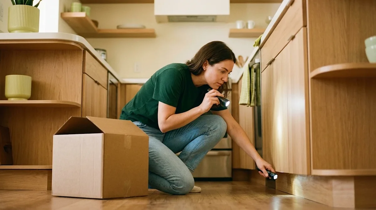 Candid lifestyle photography of a homeowner holding a small flashlight, carefully inspecting the baseboards and lower kitchen