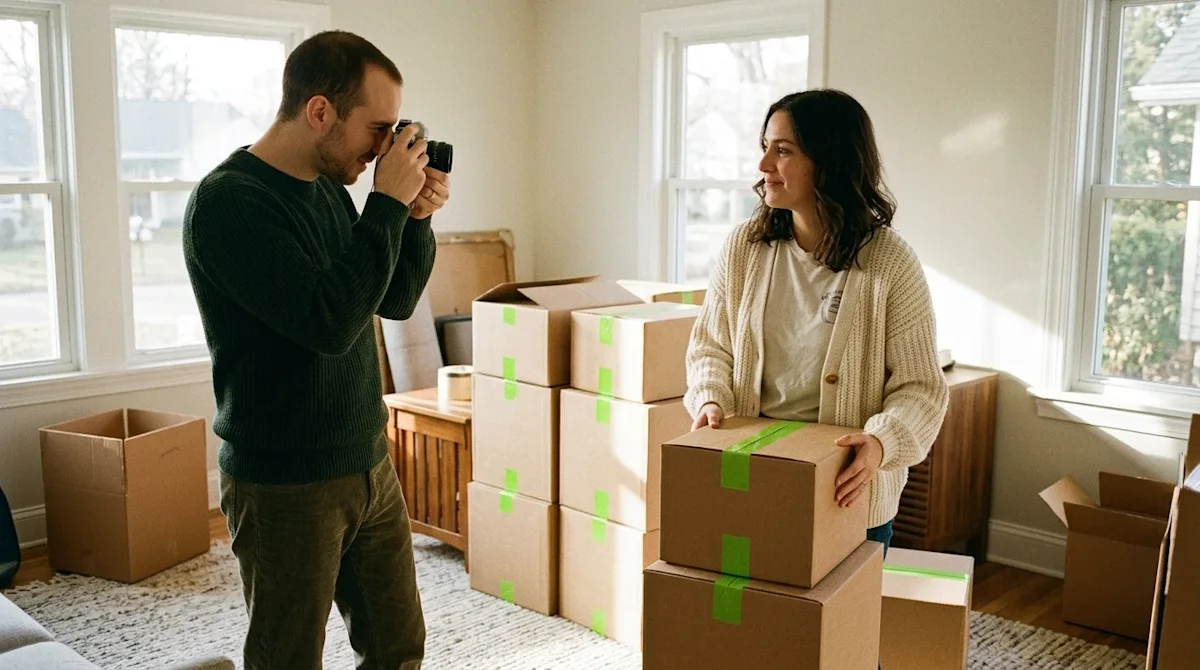 Candid 35mm film photography of a young couple capturing memories of their move, taking a photograph of their beautifully lit