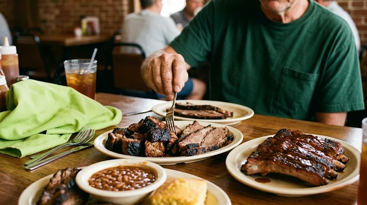 A candid, photorealistic 35mm film-style photograph of a delicious, authentic Kansas City BBQ feast spread across a rustic wo