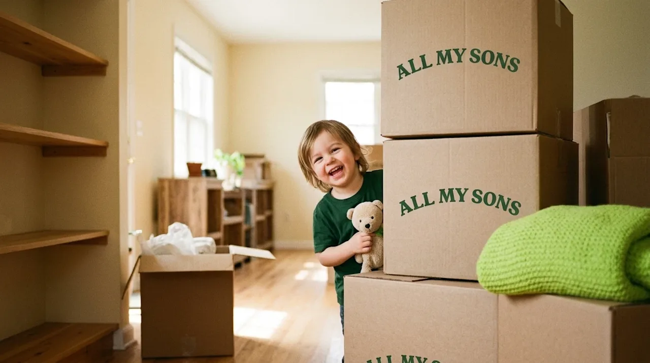 A candid, heartwarming photograph of a happy young child playfully peeking out from behind a stack of cardboard moving boxes