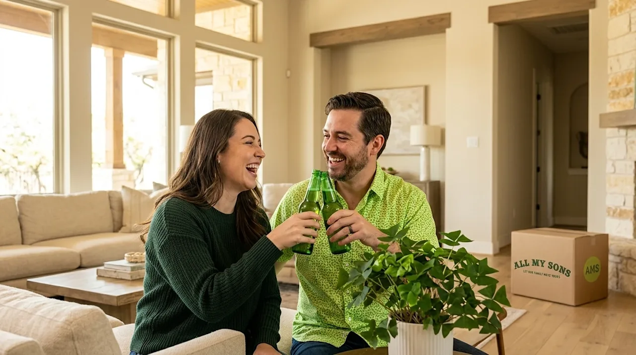 High-quality, professional marketing photography of a joyful couple celebrating St. Patrick's Day in the sunlit living room o