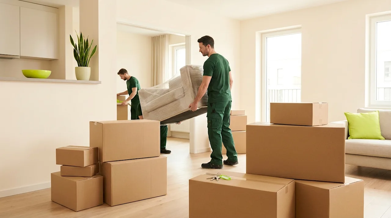 Professional movers in green uniforms move furniture into a bright, modern rental apartment with cardboard boxes.