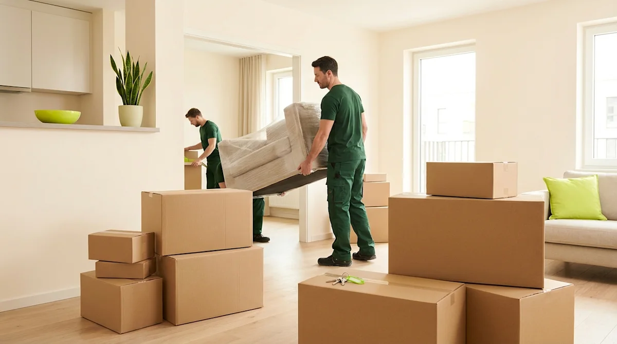 Professional movers in green uniforms move furniture into a bright, modern rental apartment with cardboard boxes.