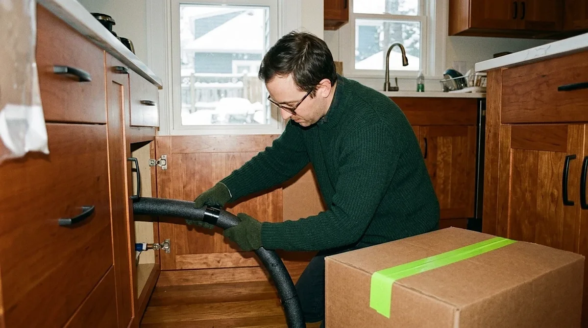 Candid lifestyle film photography of a person winterizing their home to prevent freezing pipes. The scene takes place in a wa