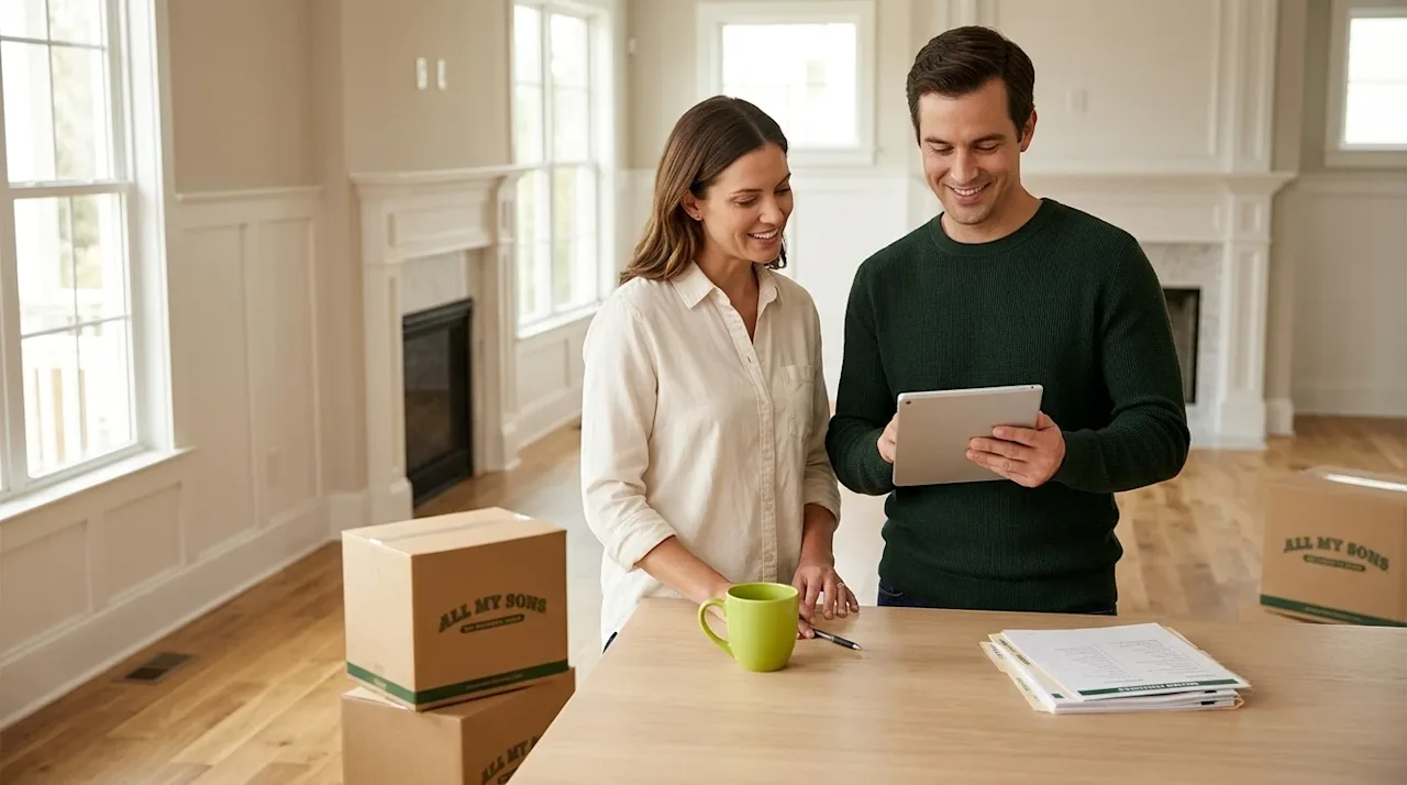 Clear and professional marketing photography of a relaxed, smiling couple effortlessly organizing their home move in a bright