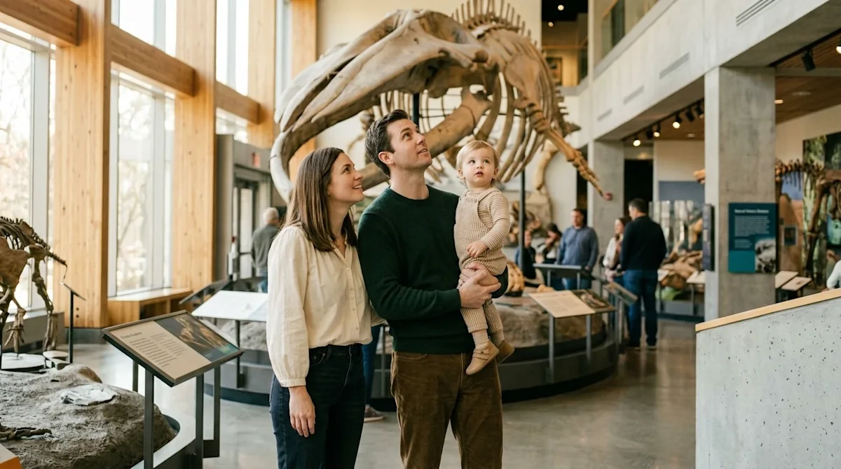 Candid 35mm film lifestyle photography of a family visiting a bright, spacious natural history museum in Raleigh, North Carol