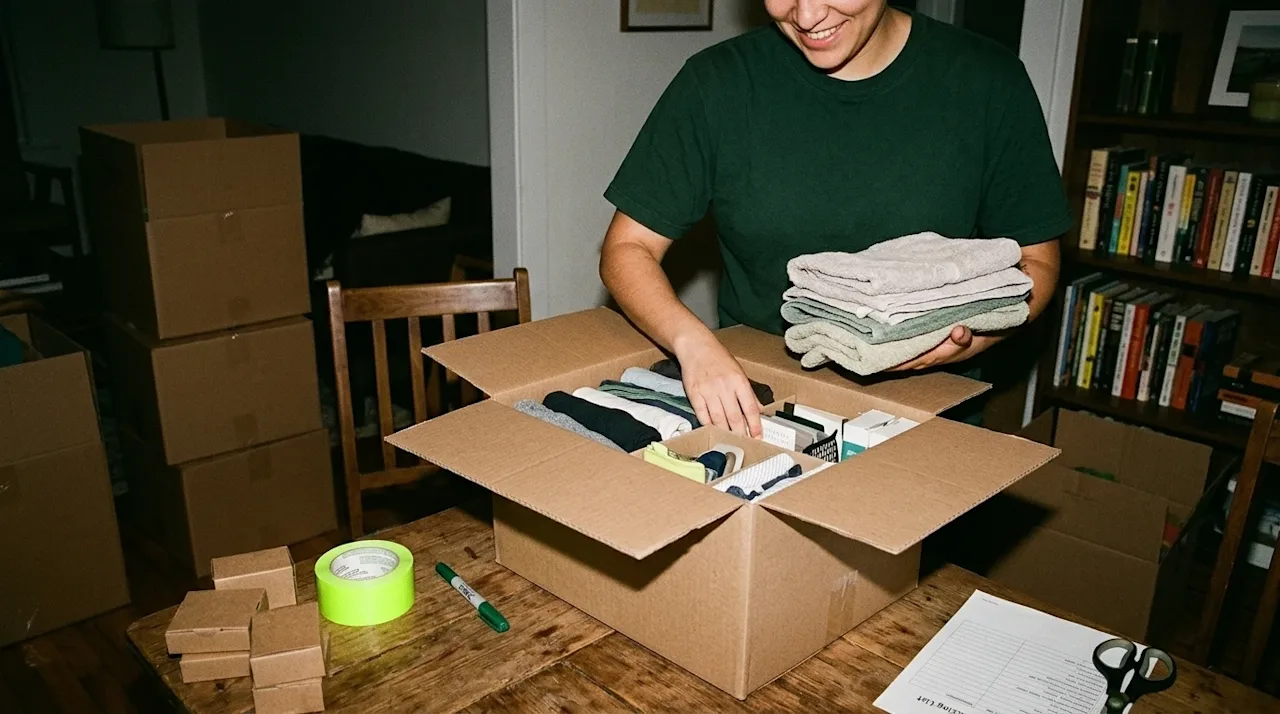Candid 35mm film photography of a person meticulously organizing and packing items into a clean cardboard moving box on a war