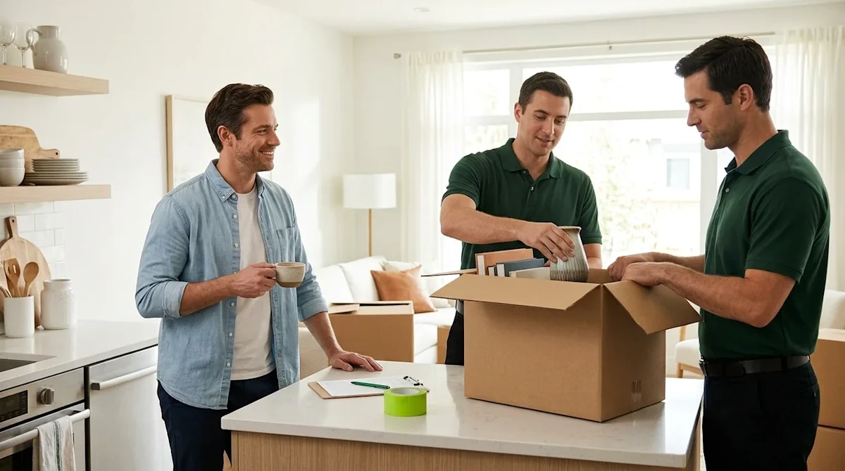 Clear and professional marketing photography showing the benefits of full-service moving. A smiling, completely relaxed homeo