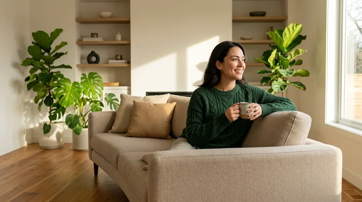 Professional lifestyle marketing photography of a pristine, beautifully organized, and perfectly clutter-free living room bat