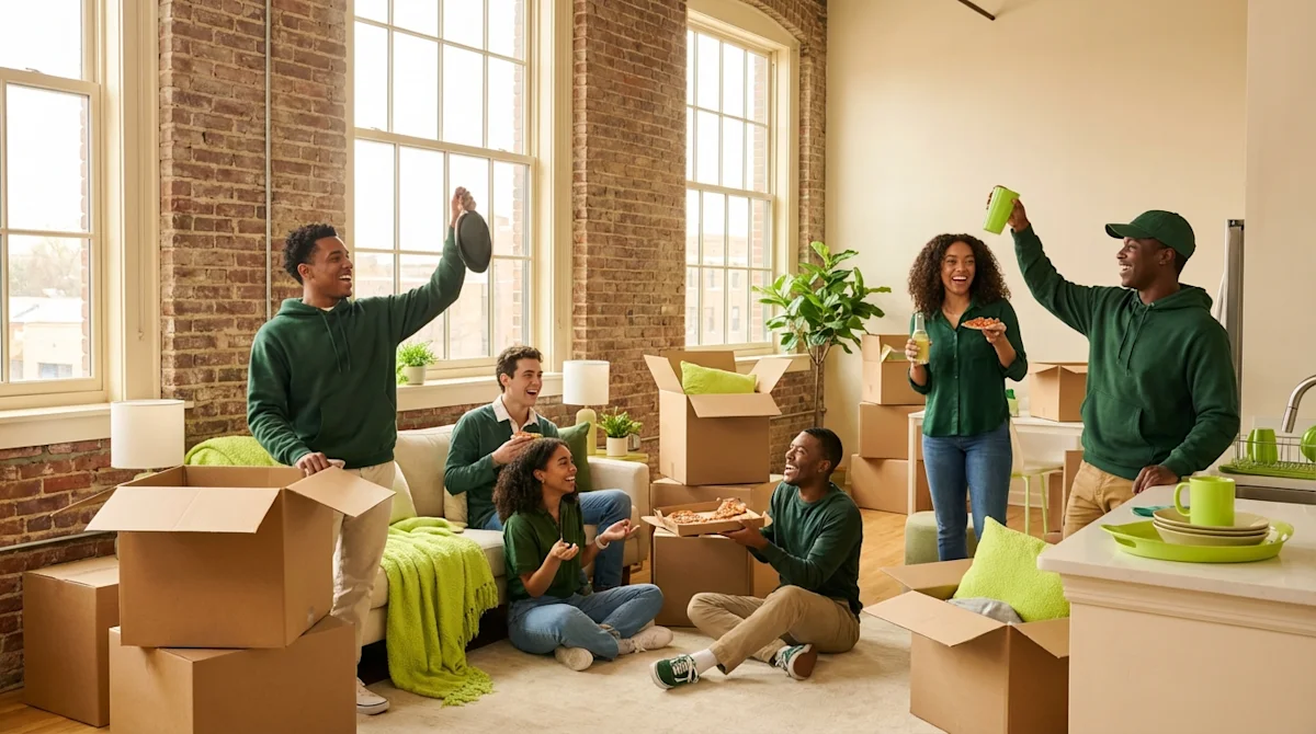 Recent college graduates celebrate moving into a Birmingham loft with forest green and lime green brand colors.