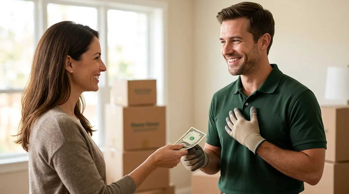 Commercial photography of a happy homeowner warmly handing a cash tip to a professional mover. The mover is wearing a clean,