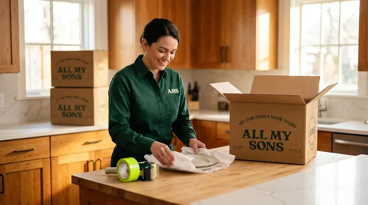 Professional marketing photography of a professional mover carefully packing items in a warm, inviting home interior. In a br