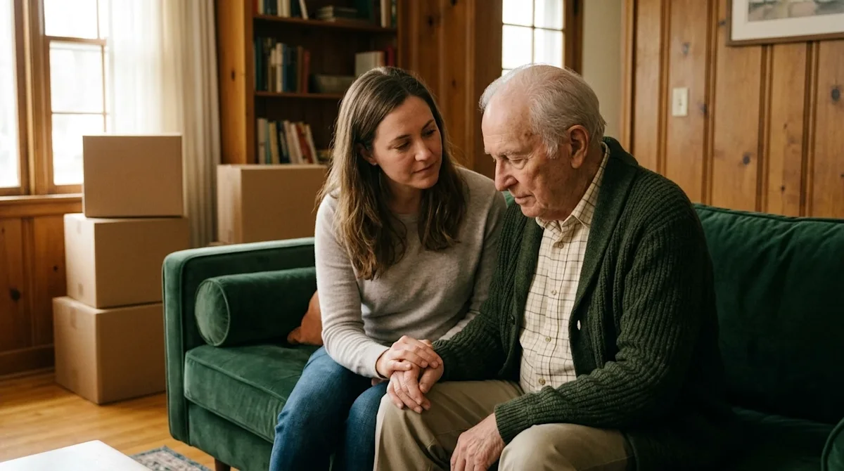 Candid, warm, high-quality photography of a compassionate adult daughter sitting closely with her elderly father in a cozy, l