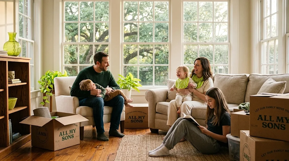 A warm, nostalgic 35mm film-style lifestyle photograph of a happy family relaxing in the sunlit living room of their charming