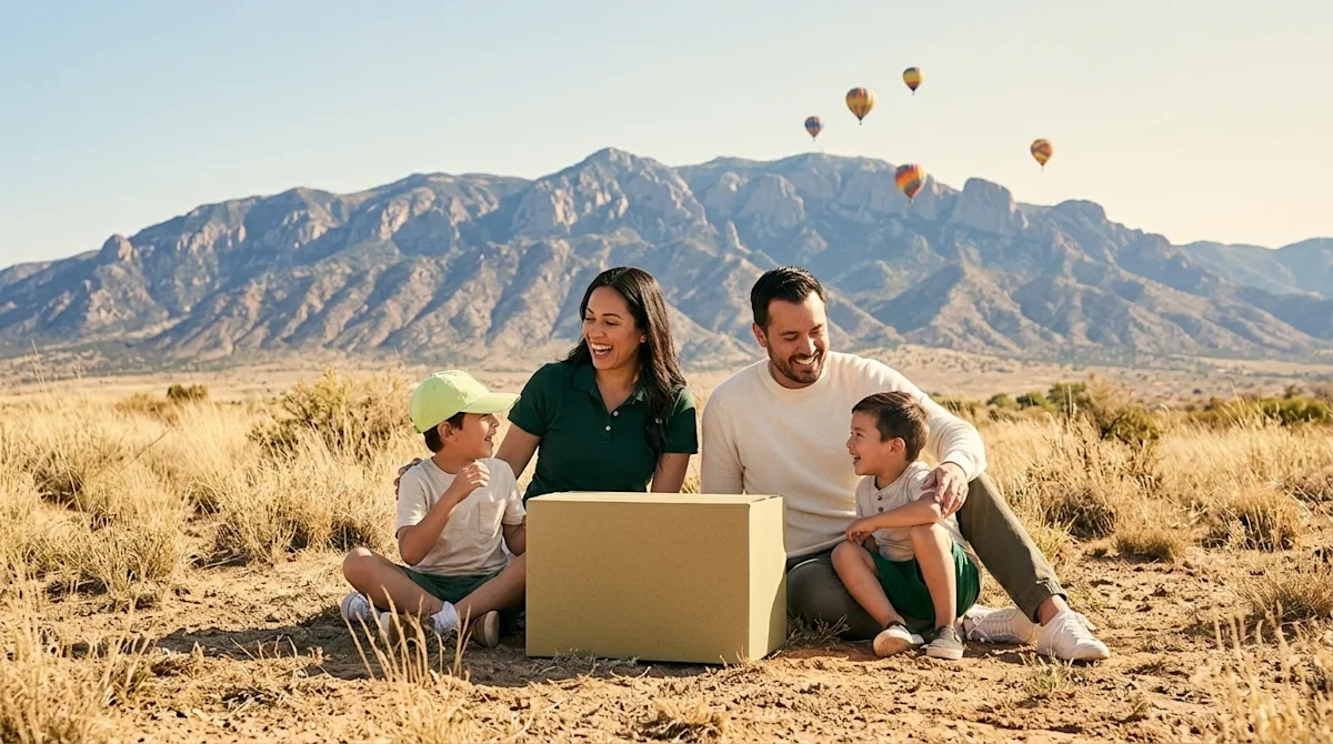 A photorealistic hero image capturing a joyful family exploring the scenic outdoors of Albuquerque, New Mexico on a bright, sunny day.