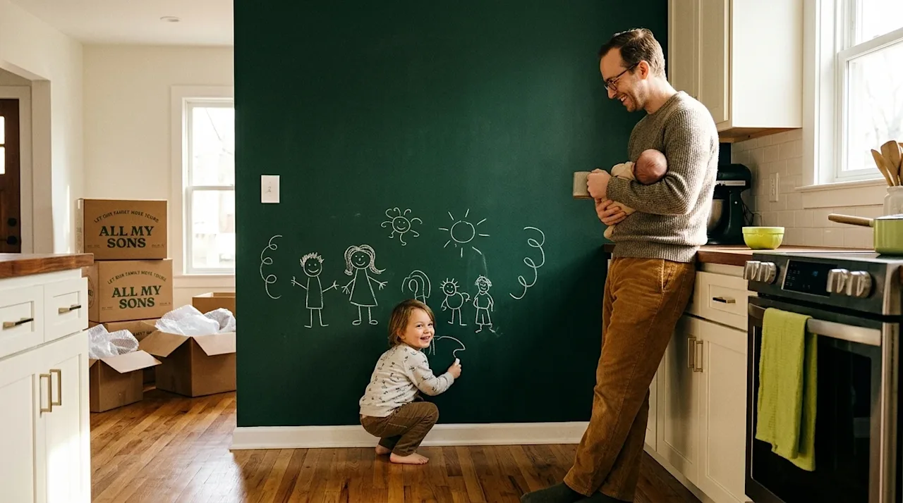 Authentic, candid lifestyle photography of a family settling into their new home, focusing on a dark forest green chalkboard