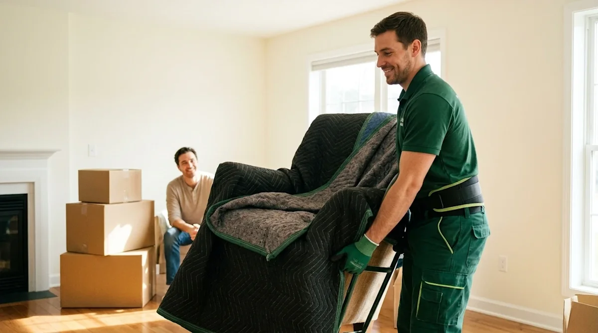 Candid lifestyle photography of a professional mover in a clean forest green uniform carefully carrying a large piece of furn