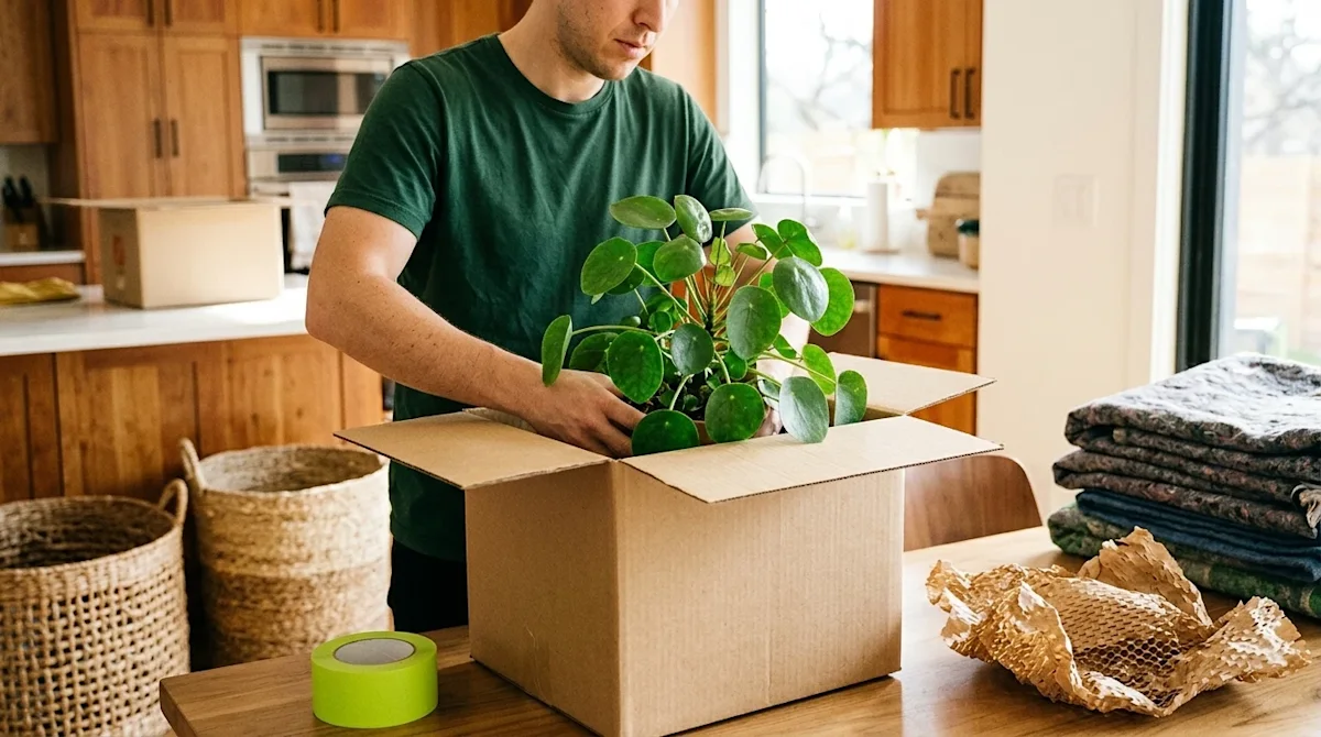 High-quality lifestyle photography of an eco-friendly moving day scene. A person wearing a deep forest green t-shirt is caref