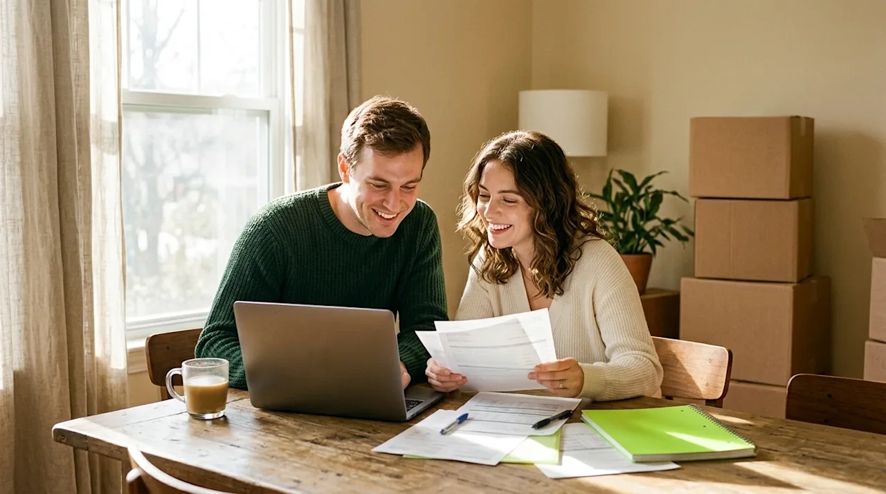Candid lifestyle photography of a young couple sitting at a warm wooden table in the brightly lit room of their new home, rev